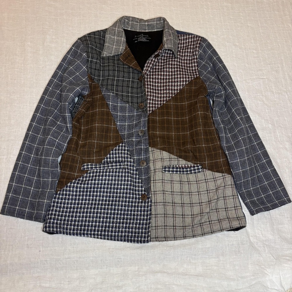 Sacred Threads Jacket Womens L XL Brown Gray Patchwork Plaid Wool Blend Boho